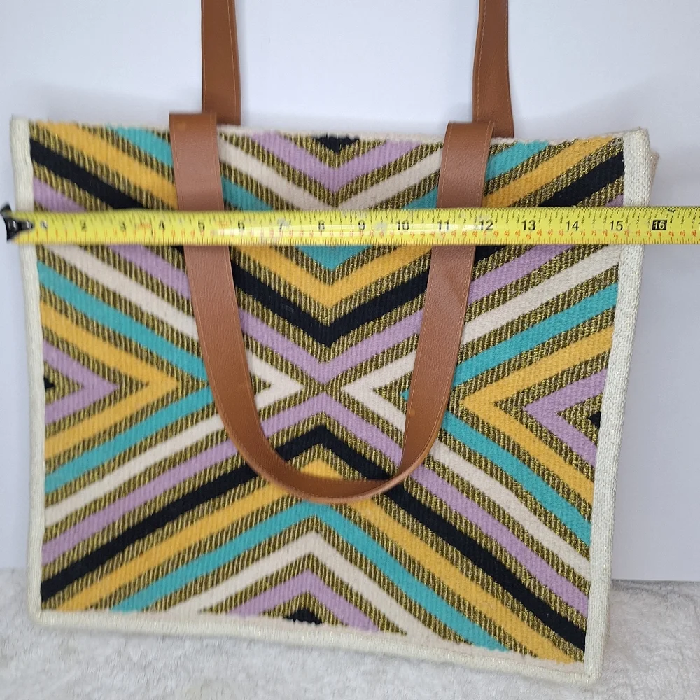 MYRA Chevron Patterned Tote Bag with Leather Straps